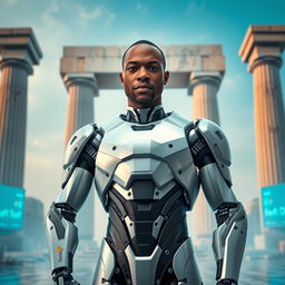 A futuristic cyborg named George Droyd stands in front of a grand propylon structure, showcasing advanced technology