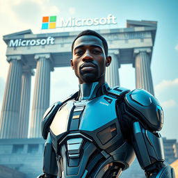 A futuristic cyborg named George Droyd stands in front of a grand propylon structure, showcasing advanced technology