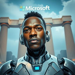 A futuristic cyborg named George Droyd stands in front of a grand propylon structure, showcasing advanced technology