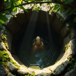 A turtle trapped at the bottom of a well, viewed from above the well's rim