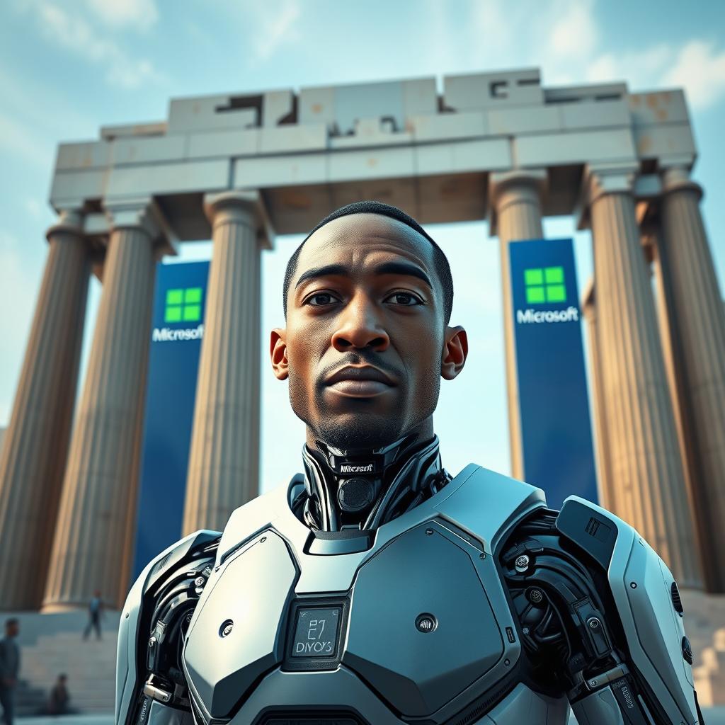 A futuristic cyborg named George Droyd stands in front of a grand propylon structure, showcasing advanced technology