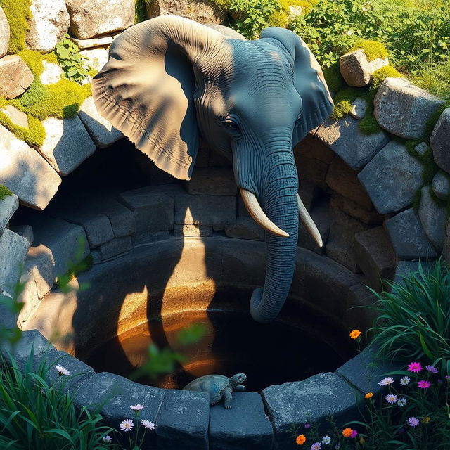 A majestic elephant standing at the edge of a well, curiously looking down into the well where a turtle is trapped