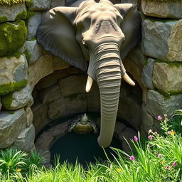 A majestic elephant standing at the edge of a well, curiously looking down into the well where a turtle is trapped