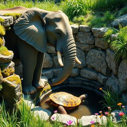 A majestic elephant standing at the edge of a well, curiously looking down into the well where a turtle is trapped