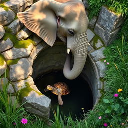 A majestic elephant standing at the edge of a well, curiously looking down into the well where a turtle is trapped