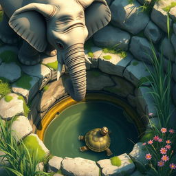 A scene depicting a large, gentle elephant standing at the edge of a well, looking down into it where a turtle is trapped