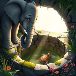 A scene depicting a large, gentle elephant standing at the edge of a well, looking down into it where a turtle is trapped
