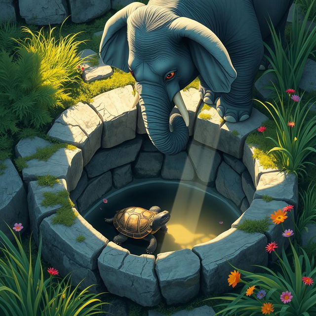 A scene depicting a large, gentle elephant standing at the edge of a well, looking down into it where a turtle is trapped