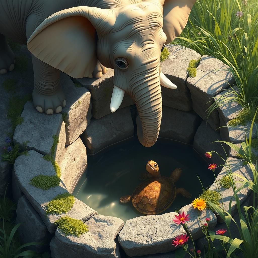 A scene depicting a large, gentle elephant standing at the edge of a well, looking down into it where a turtle is trapped