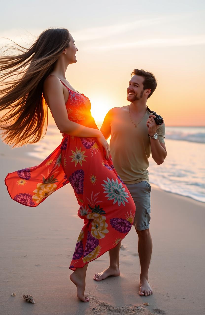 A captivating scene featuring a woman and a man enjoying a beautiful sunset on a beach