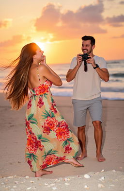 A captivating scene featuring a woman and a man enjoying a beautiful sunset on a beach