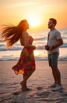 A captivating scene featuring a woman and a man enjoying a beautiful sunset on a beach