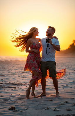 A captivating scene featuring a woman and a man enjoying a beautiful sunset on a beach