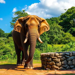 A majestic elephant standing next to a water well in a lush green landscape, with vibrant trees and foliage in the background