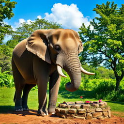 A majestic elephant standing next to a water well in a lush green landscape, with vibrant trees and foliage in the background