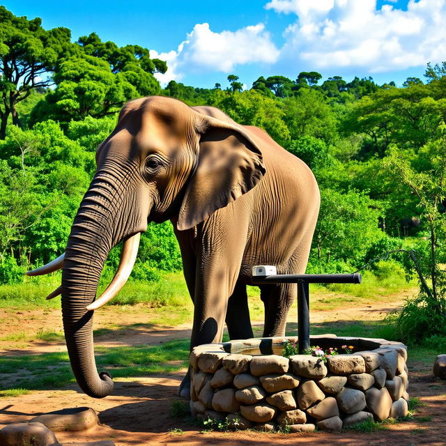 A majestic elephant standing next to a water well in a lush green landscape, with vibrant trees and foliage in the background