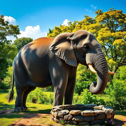 A majestic elephant standing next to a water well in a lush green landscape, with vibrant trees and foliage in the background