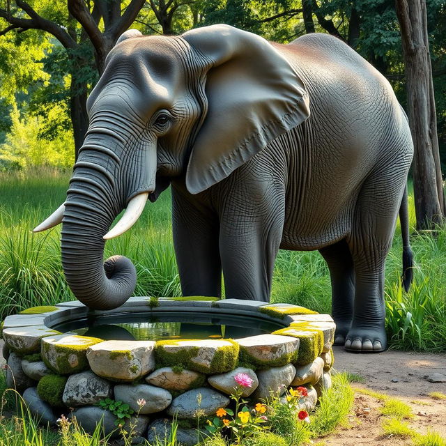 A majestic elephant standing beside a serene water well in a tranquil natural setting