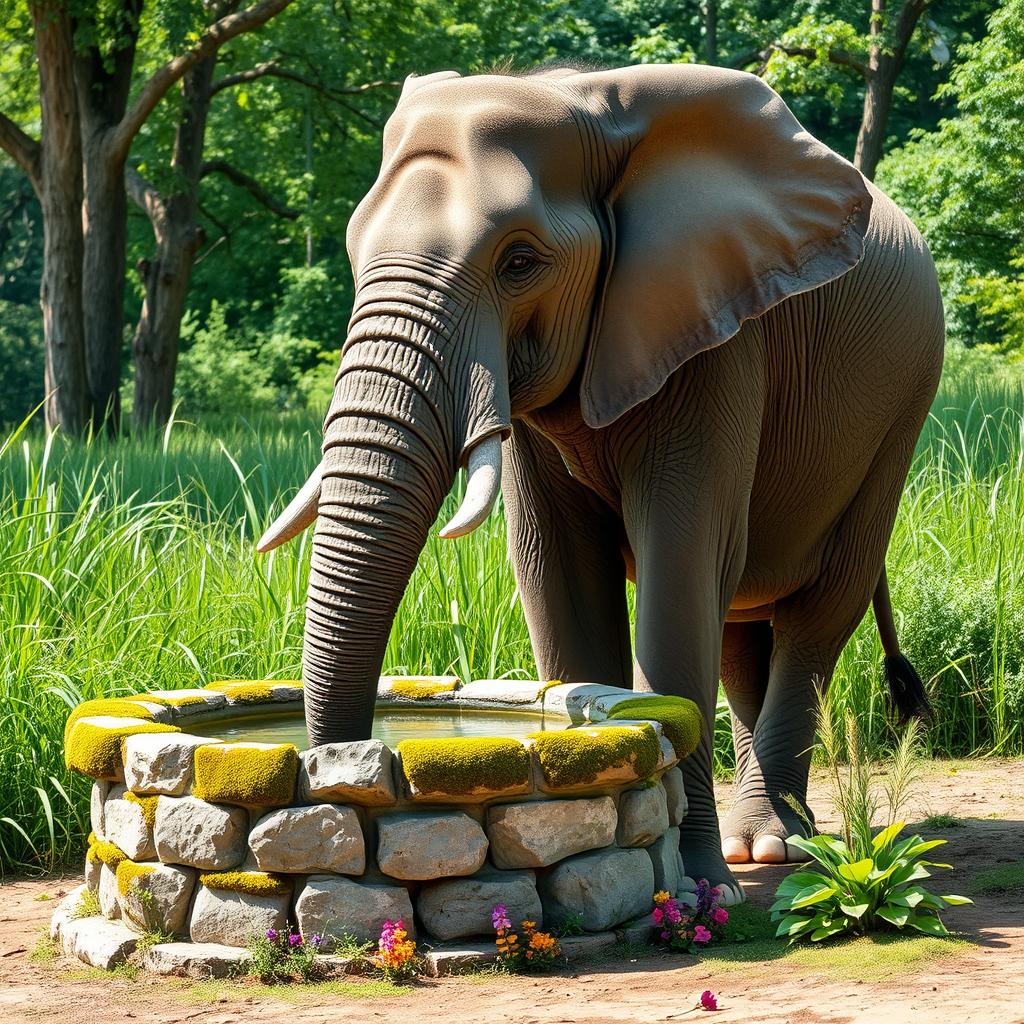 A majestic elephant standing beside a serene water well in a tranquil natural setting