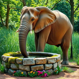 A majestic elephant standing beside a serene water well in a tranquil natural setting