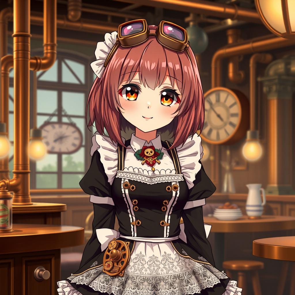 An anime girl maid character, presented as a 14-year-old, featuring a unique steampunk style