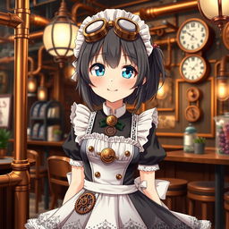 An anime girl maid character, presented as a 14-year-old, featuring a unique steampunk style