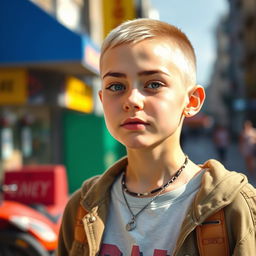 A striking portrait of a young white teen girl with an edgy buzzcut hairstyle