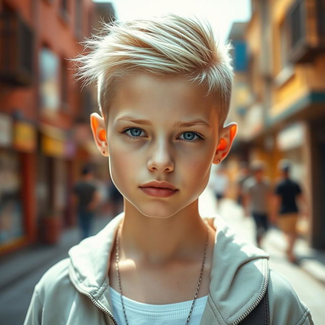 A striking portrait of a young white teen girl with an edgy buzzcut hairstyle