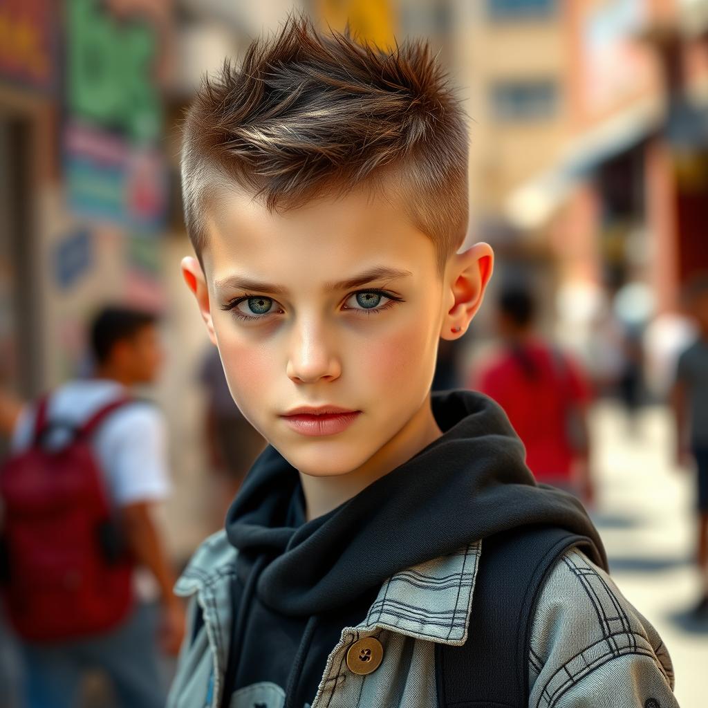 A striking portrait of a young white teen girl with an edgy buzzcut hairstyle