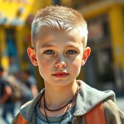 A striking portrait of a young white teen girl with an edgy buzzcut hairstyle