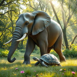 An elephant and a turtle moving together in a delightful and playful manner, set against a lush green landscape