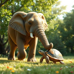 An elephant and a turtle moving together in a delightful and playful manner, set against a lush green landscape
