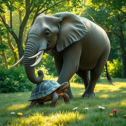 An elephant and a turtle moving together in a delightful and playful manner, set against a lush green landscape