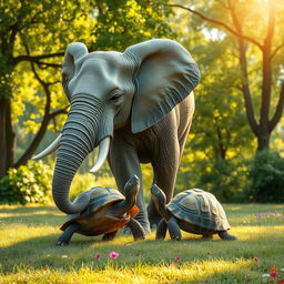 An elephant and a turtle moving together in a delightful and playful manner, set against a lush green landscape