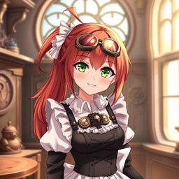 A 20-year-old anime maid girl character with a steampunk style, featuring reddish brown hair tied in a playful ponytail and striking leaf green eyes