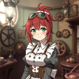 A 20-year-old anime maid girl character with a steampunk style, featuring reddish brown hair tied in a playful ponytail and striking leaf green eyes