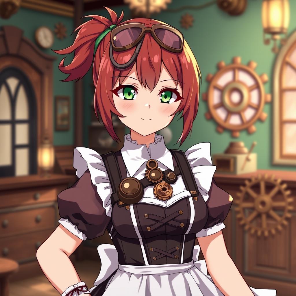 A 20-year-old anime maid girl character with a steampunk style, featuring reddish brown hair tied in a playful ponytail and striking leaf green eyes