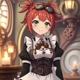 A 20-year-old anime maid girl character with a steampunk style, featuring reddish brown hair tied in a playful ponytail and striking leaf green eyes