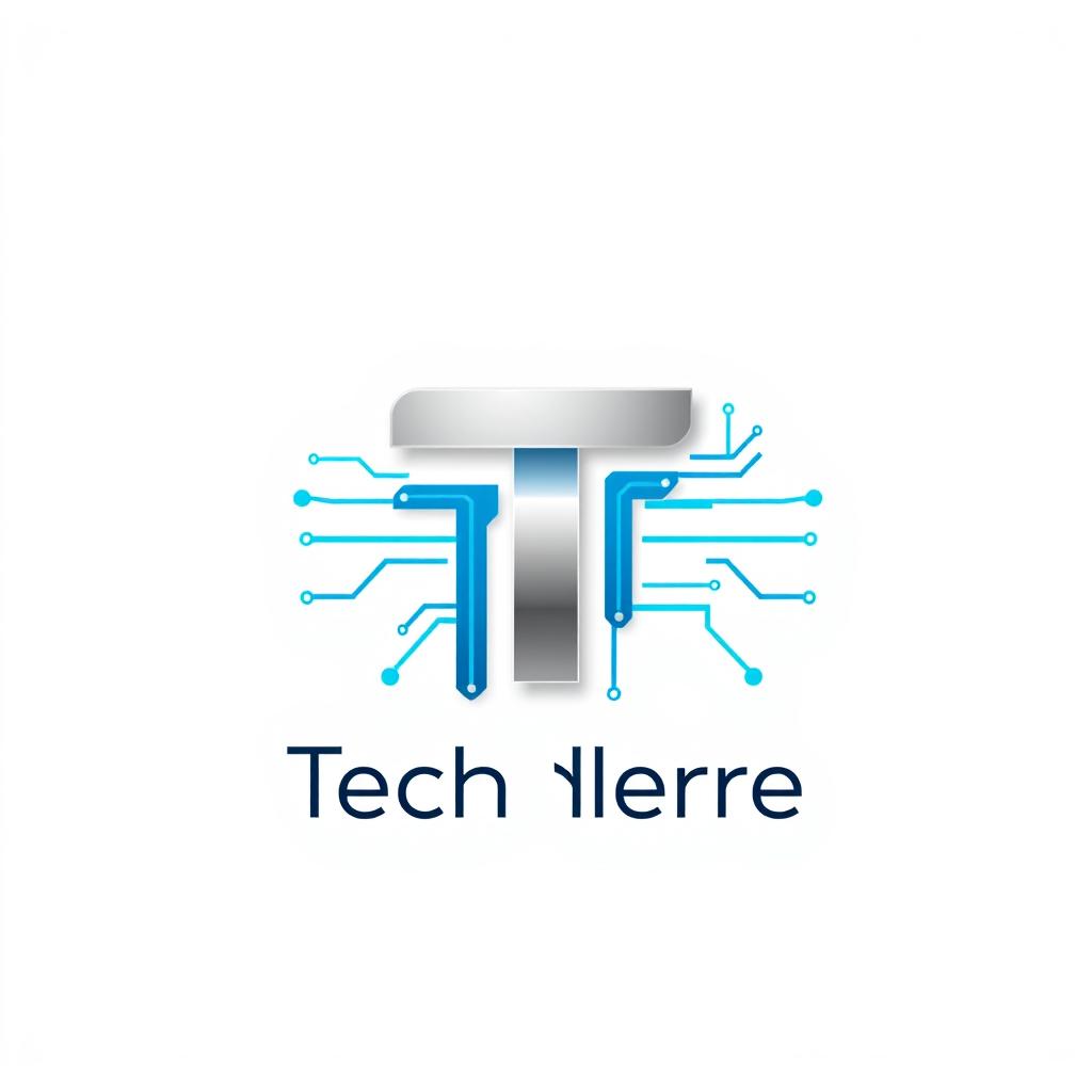 Design a modern and clean logo for a tech company, featuring a stylized letter 'T' integrated with a circuit pattern, using a color palette of blue and silver