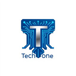 Design a modern and clean logo for a tech company, featuring a stylized letter 'T' integrated with a circuit pattern, using a color palette of blue and silver