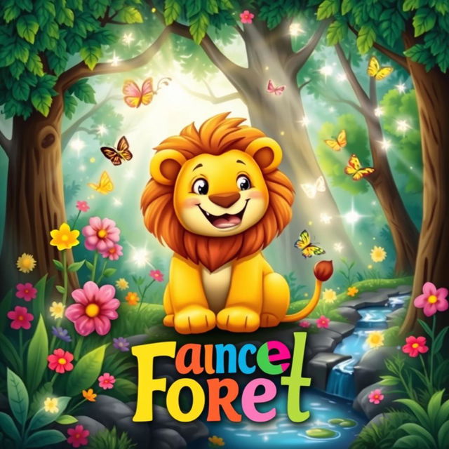 A whimsical children's book cover featuring a friendly lion in a magical enchanted forest