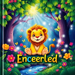 A whimsical children's book cover featuring a friendly lion in a magical enchanted forest