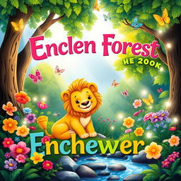 A whimsical children's book cover featuring a friendly lion in a magical enchanted forest