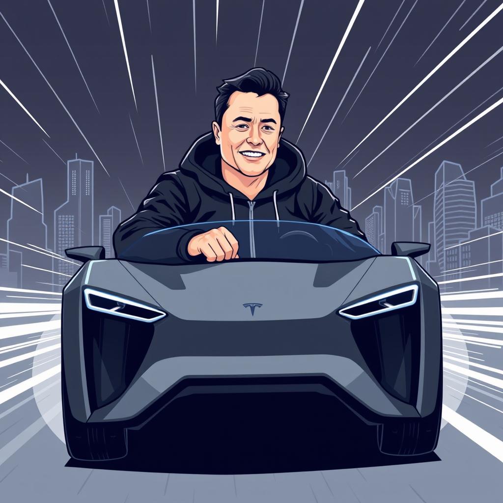 A stylized vector illustration of a man resembling Elon Musk, dressed in a sleek black hoodie, confidently riding in a Cybertruck Tesla