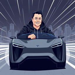 A stylized vector illustration of a man resembling Elon Musk, dressed in a sleek black hoodie, confidently riding in a Cybertruck Tesla