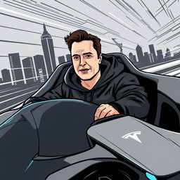 A stylized vector illustration of a man resembling Elon Musk, dressed in a sleek black hoodie, confidently riding in a Cybertruck Tesla