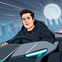 A stylized vector illustration of a man resembling Elon Musk, dressed in a sleek black hoodie, confidently riding in a Cybertruck Tesla
