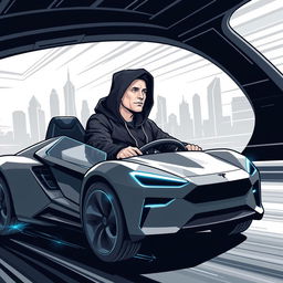 A stylized vector illustration of a man resembling Elon Musk, dressed in a sleek black hoodie, confidently riding in a Cybertruck Tesla