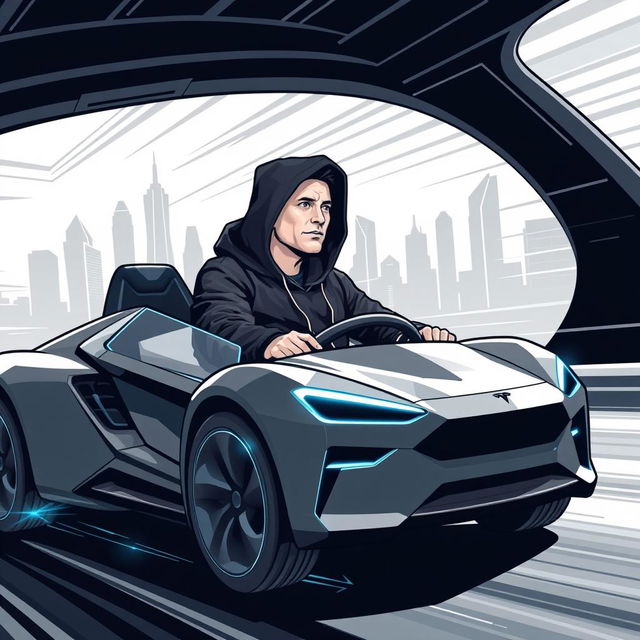 A stylized vector illustration of a man resembling Elon Musk, dressed in a sleek black hoodie, confidently riding in a Cybertruck Tesla
