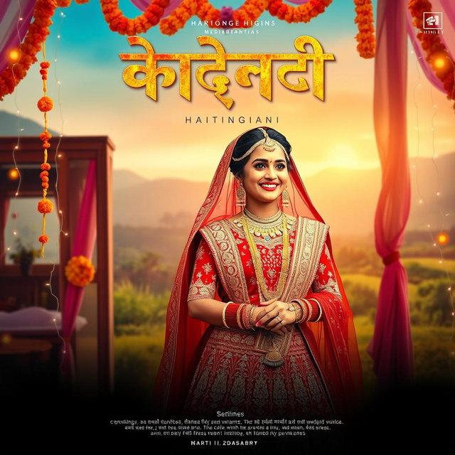 A vibrant and colorful Hindi wedding movie poster featuring a beautiful bride in an elaborate traditional red and gold lehenga, adorned with intricate embroidery and jewelry